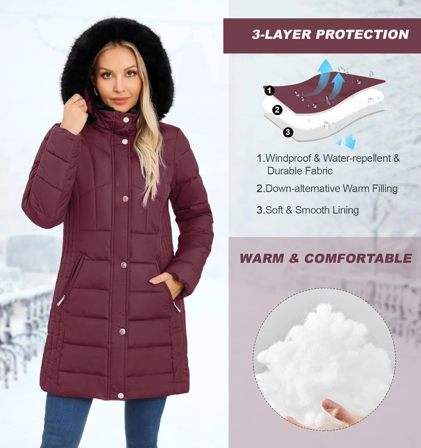 SLOWTOWN Women's Long Puffer Coat Thickened Winter Coat Warm Puffy Jacket with Detachable Hood