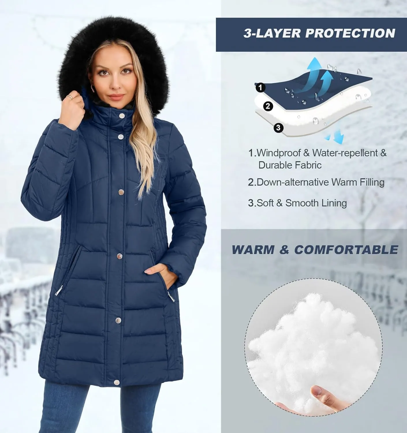 SLOWTOWN Women's Long Puffer Coat Thickened Winter Coat Warm Puffy Jacket with Detachable Hood