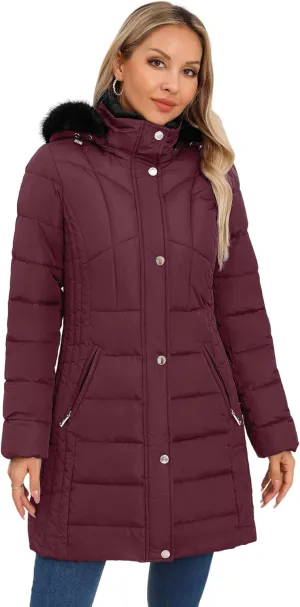 SLOWTOWN Women's Long Puffer Coat Thickened Winter Coat Warm Puffy Jacket with Detachable Hood