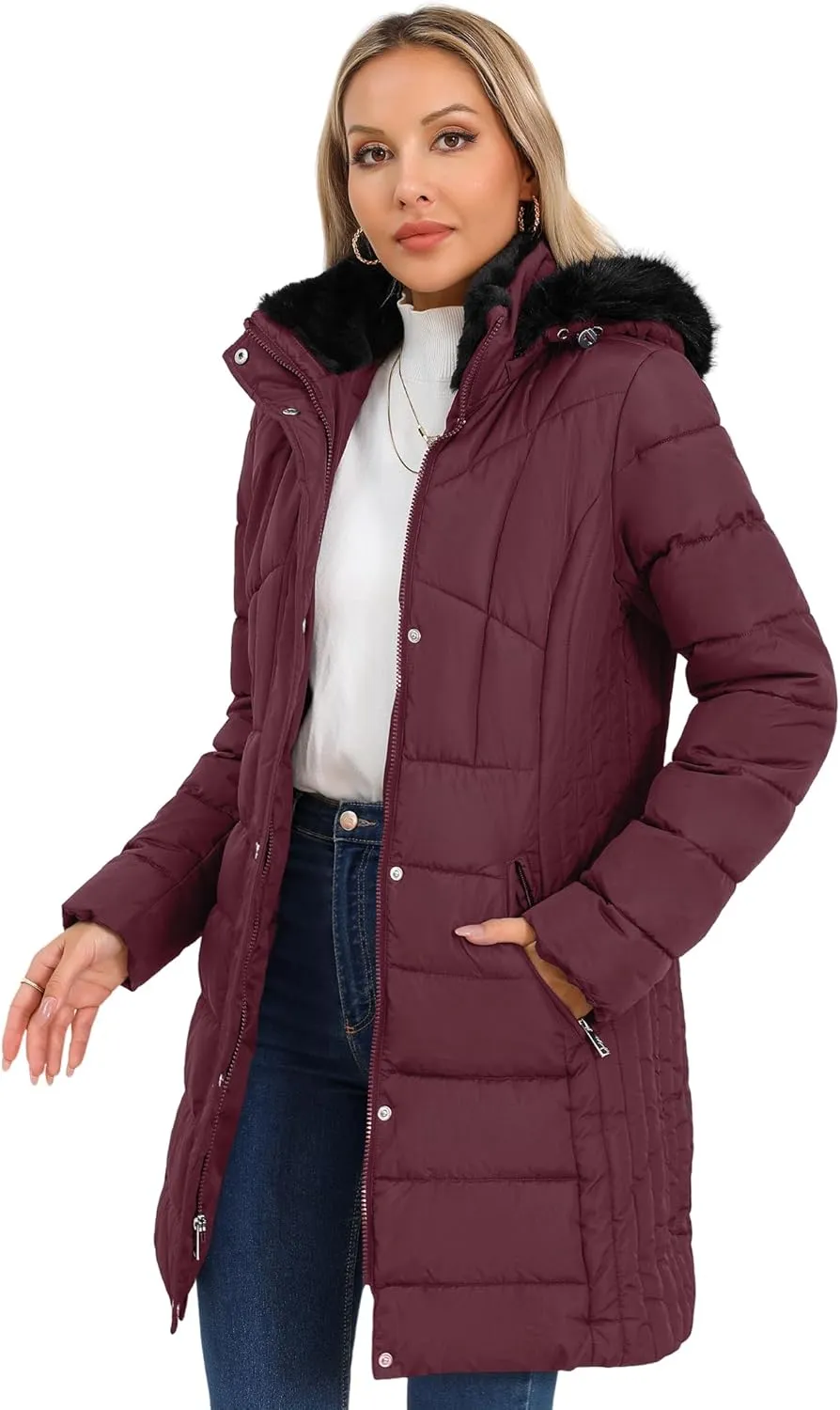 SLOWTOWN Women's Long Puffer Coat Thickened Winter Coat Warm Puffy Jacket with Detachable Hood