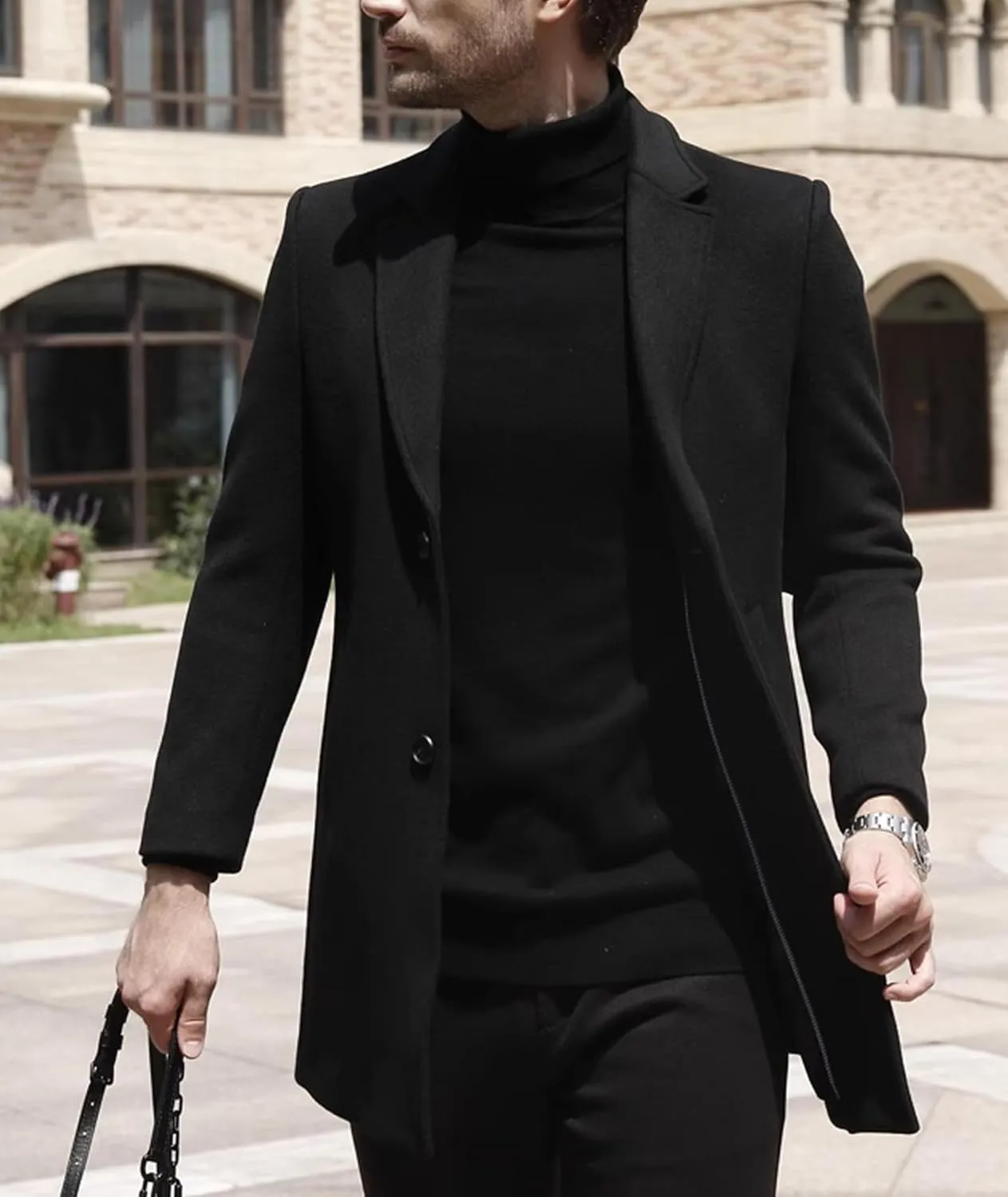 SOMTHRON Men's Winter Pea Coat Slim Fit Notched Lapel Single Breasted Mid Long Trench Coat Jacket Overcoat