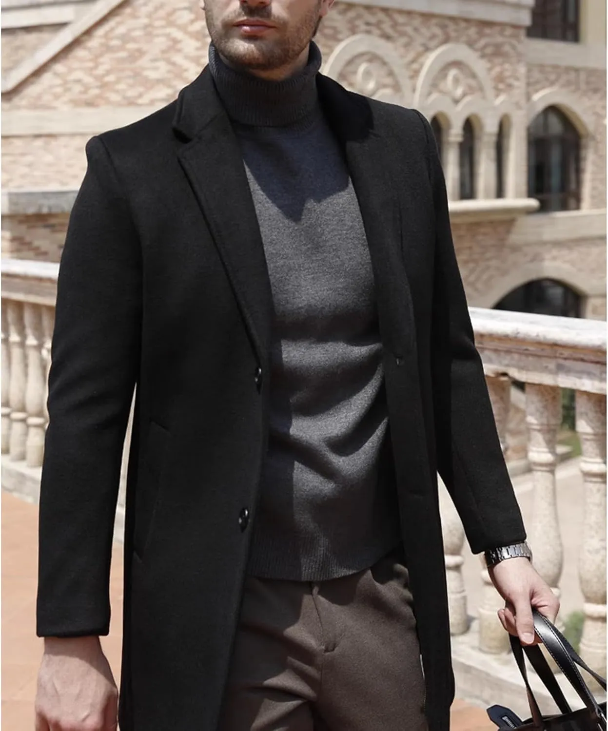 SOMTHRON Men's Winter Pea Coat Slim Fit Notched Lapel Single Breasted Mid Long Trench Coat Jacket Overcoat