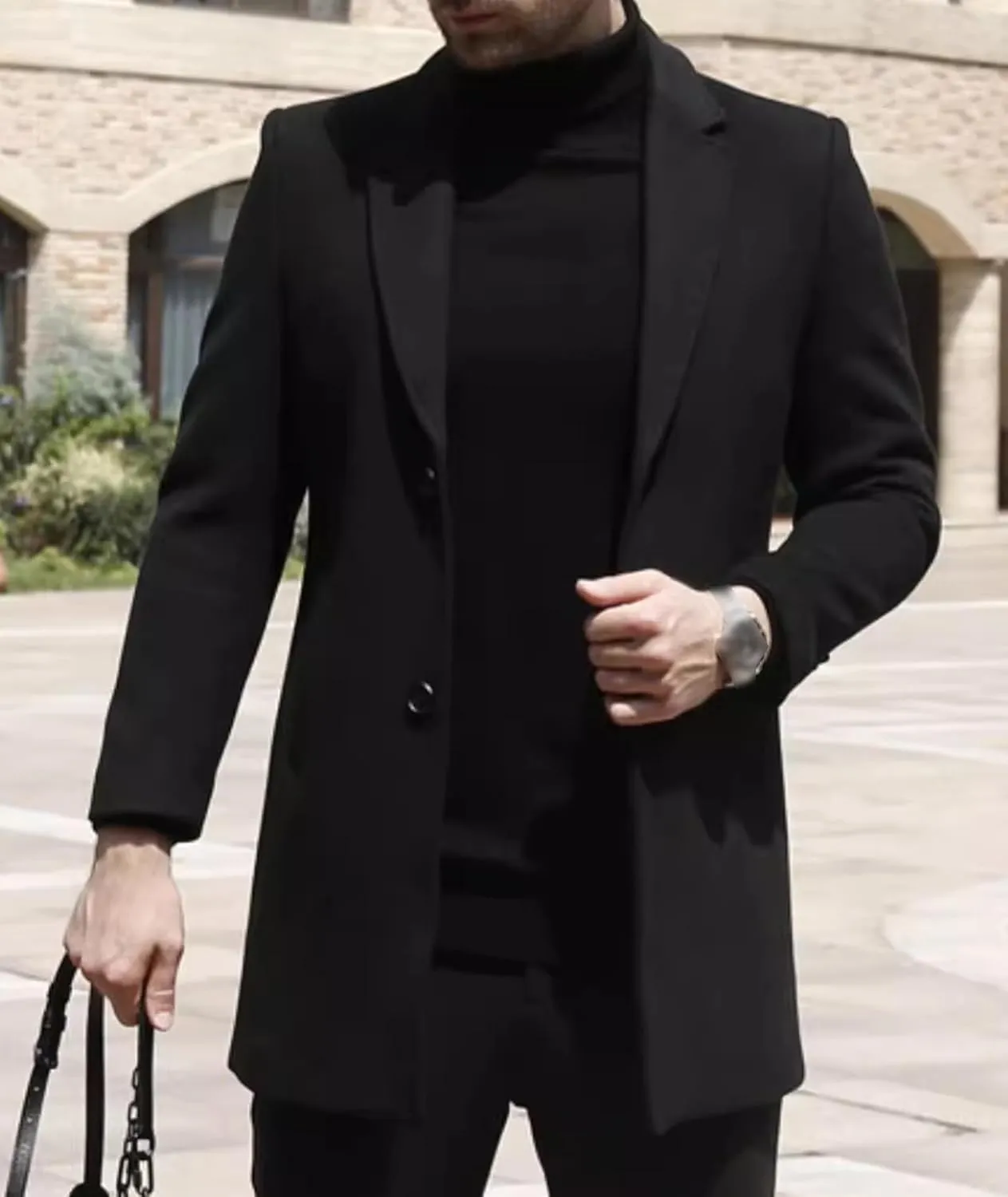 SOMTHRON Men's Winter Pea Coat Slim Fit Notched Lapel Single Breasted Mid Long Trench Coat Jacket Overcoat