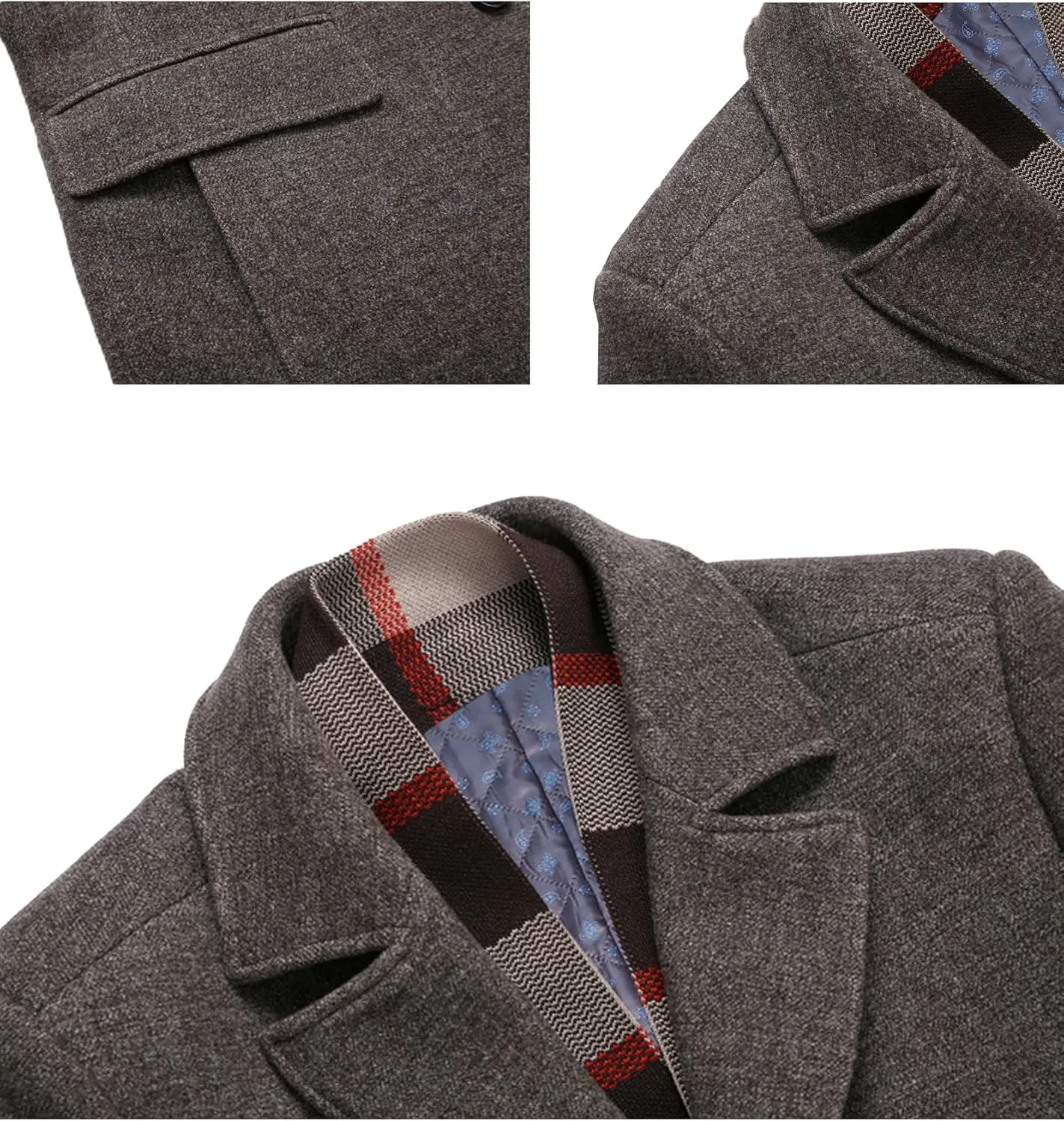 SOMTHRON Men's Wool Blend Coat with Detachable Plaid Scarfs Notched Collar Single Breasted Pea Coat Trench Overcoat