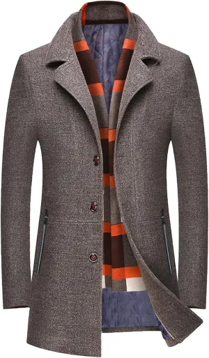 SOMTHRON Men's Wool Blend Coat with Detachable Plaid Scarfs Notched Collar Single Breasted Pea Coat Trench Overcoat
