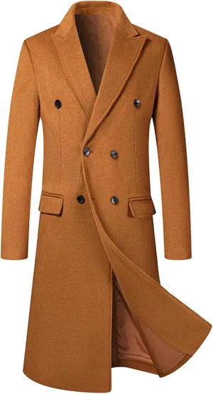 SOMTHRON Men's Wool Blend Pea Coat Notched Collar Double Breasted Overcoat Winter Warm Long Trench Coat