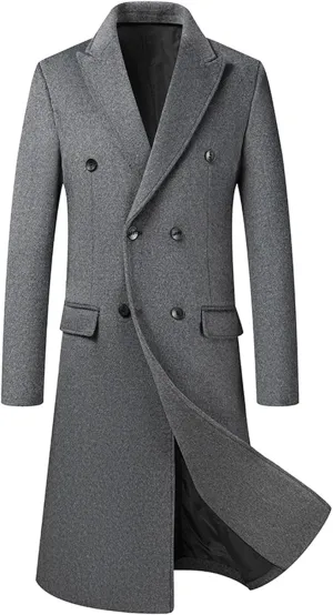 SOMTHRON Men's Wool Blend Pea Coat Notched Collar Double Breasted Overcoat Winter Warm Long Trench Coat