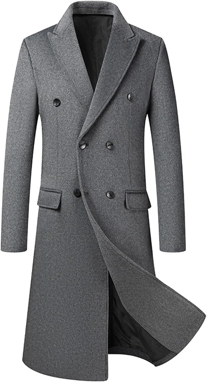 SOMTHRON Men's Wool Blend Pea Coat Notched Collar Double Breasted Overcoat Winter Warm Long Trench Coat
