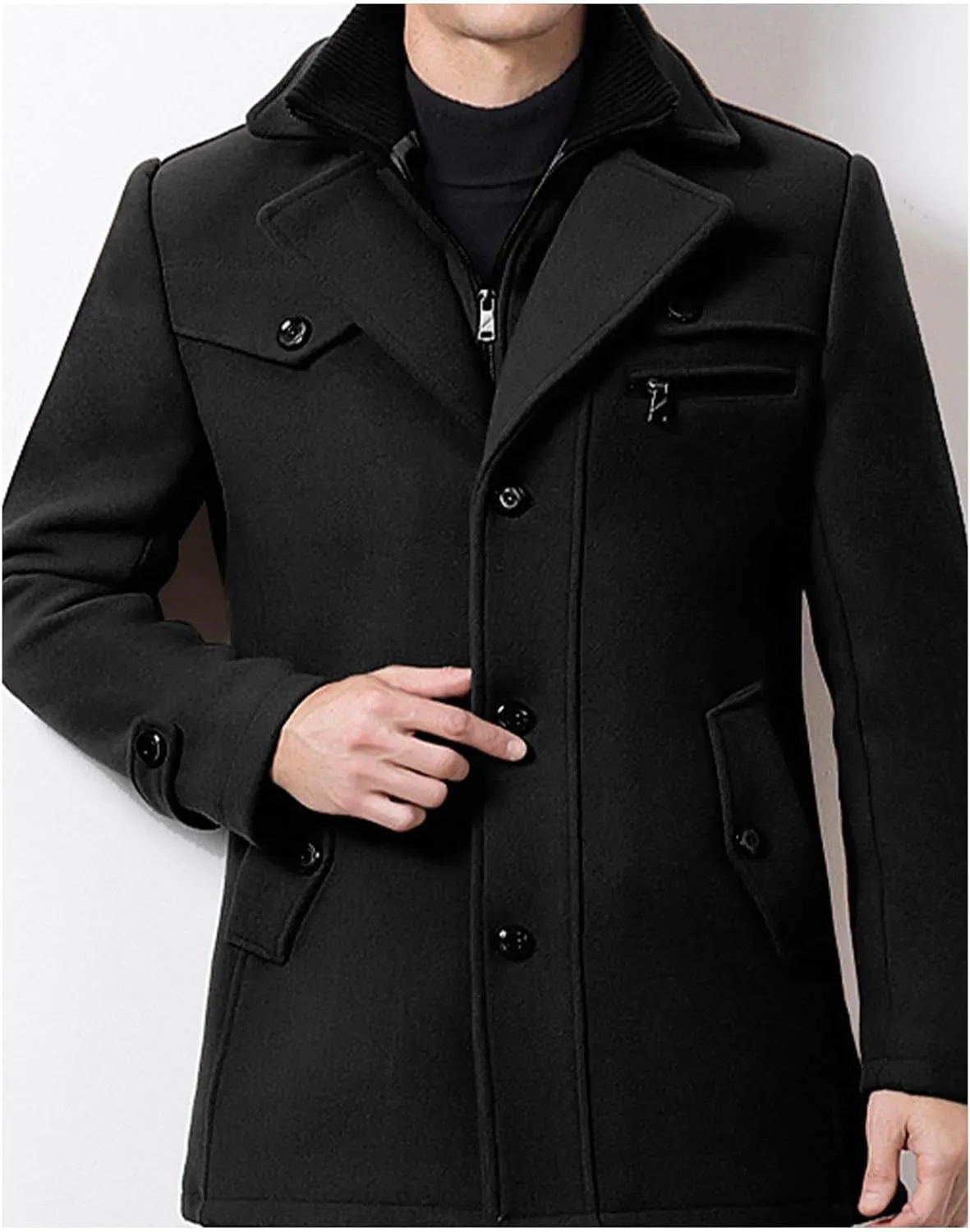 SOMTHRON Men's Wool Blend Trench Coat Layered Collar Single Breasted Quilted Lined Jacket Winter Padded Pea Coat