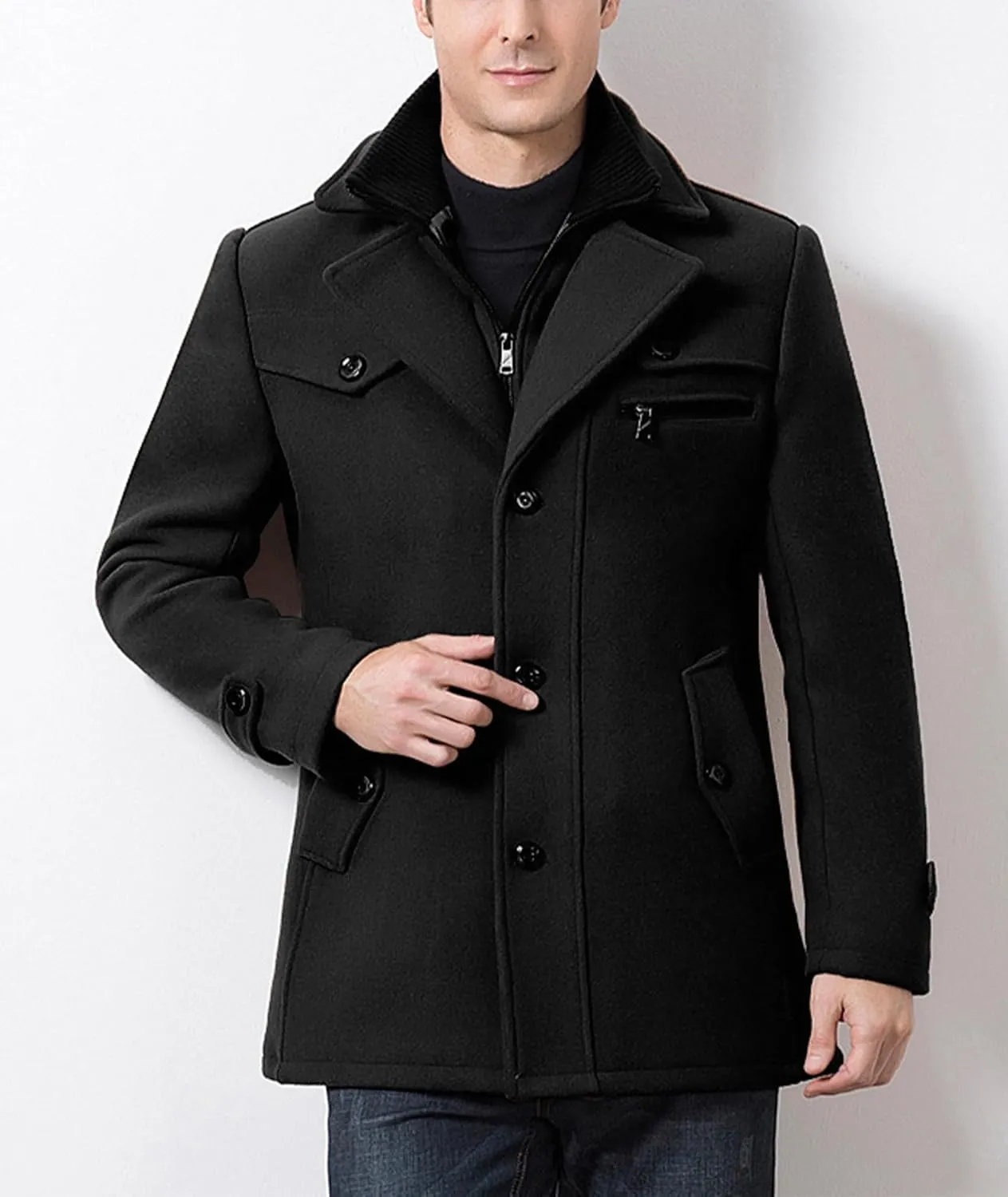 SOMTHRON Men's Wool Blend Trench Coat Layered Collar Single Breasted Quilted Lined Jacket Winter Padded Pea Coat
