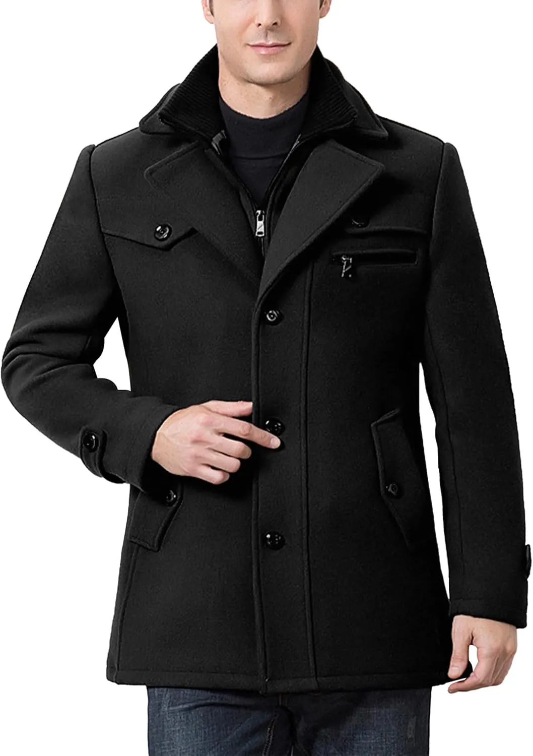 SOMTHRON Men's Wool Blend Trench Coat Layered Collar Single Breasted Quilted Lined Jacket Winter Padded Pea Coat