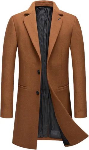 SOMTHRON Men's Wool Blend Trench Coat Single Breasted Notched Lapel Mid Long Winter Peacoat Overcoat with Pockets