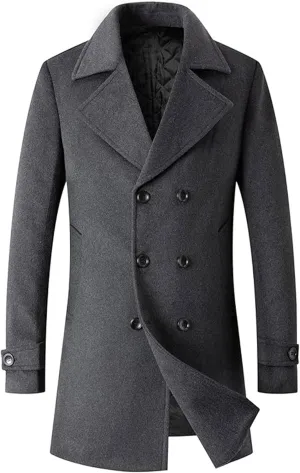 SOMTHRON Men's Woolen Trench Coat Regular Fit Double Breasted Wool Blend Jacket Winter Pea Coat Businesss Overcoat