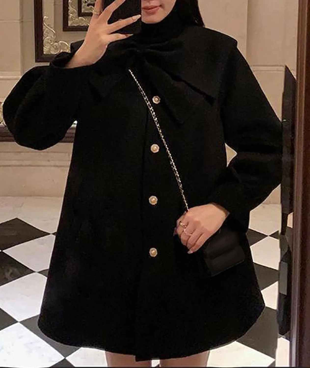 SOMTHRON Women's Cute Trench Coat Bow Lapel Single Breasted Jacket Pea Coat A Line Wool Blend Overcoat