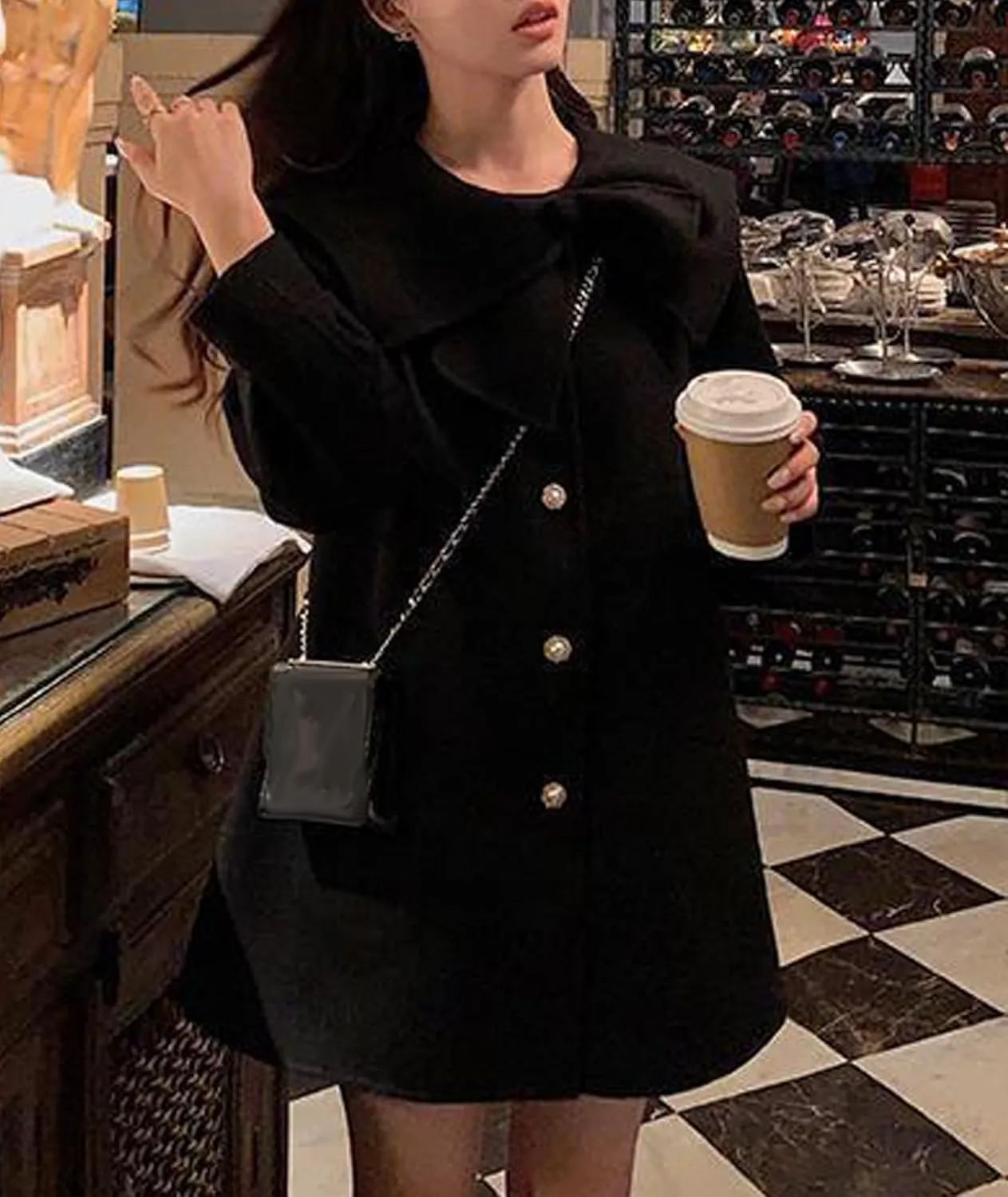 SOMTHRON Women's Cute Trench Coat Bow Lapel Single Breasted Jacket Pea Coat A Line Wool Blend Overcoat