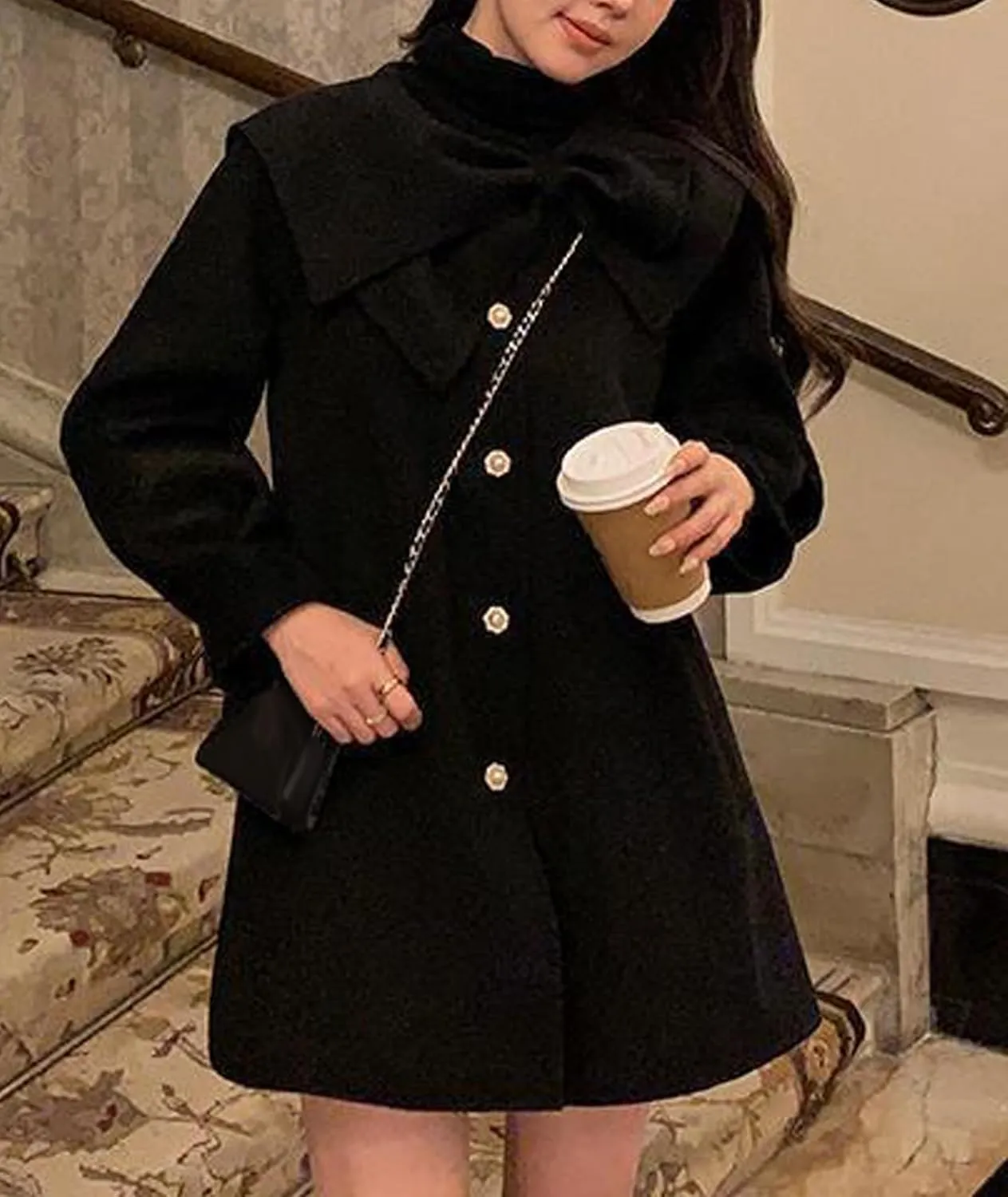SOMTHRON Women's Cute Trench Coat Bow Lapel Single Breasted Jacket Pea Coat A Line Wool Blend Overcoat