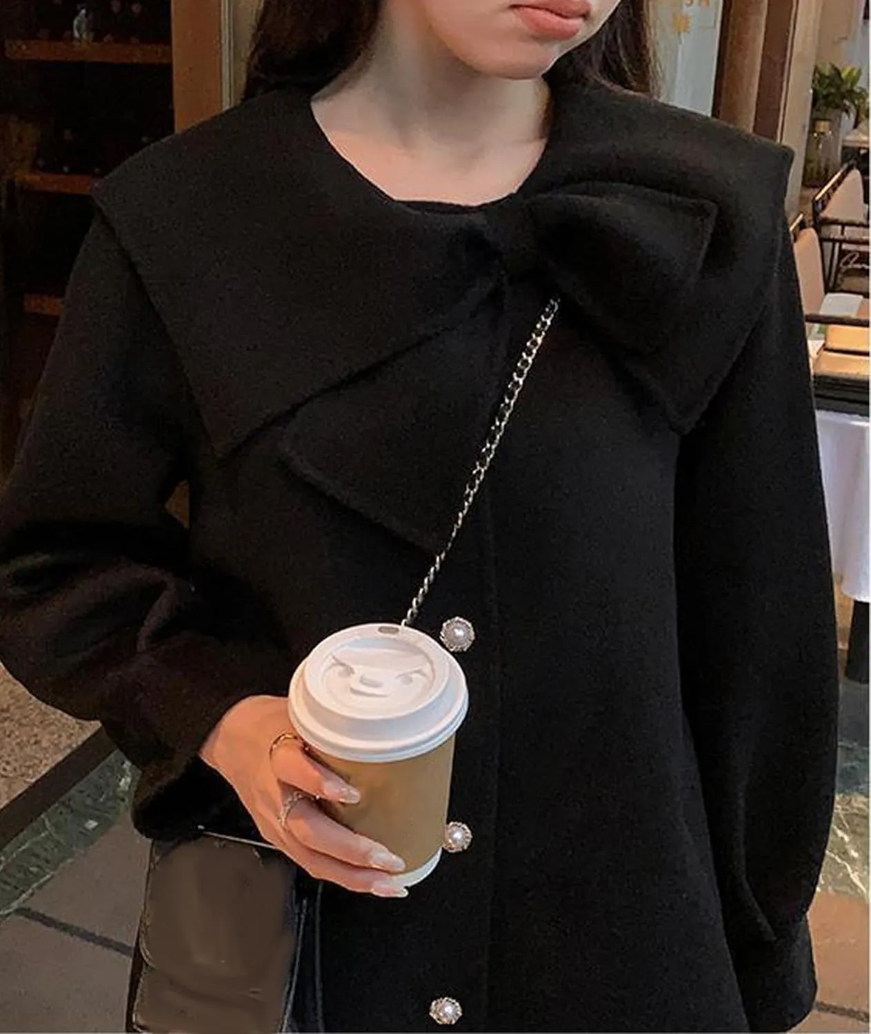 SOMTHRON Women's Cute Trench Coat Bow Lapel Single Breasted Jacket Pea Coat A Line Wool Blend Overcoat