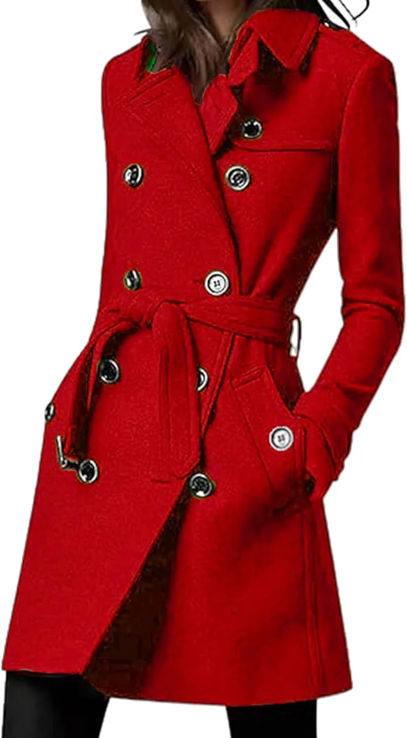 SOMTHRON Women's Winter Trench Coat Double Breasted Notch Lapel Belted Mid Long Jacket Slim Fit Peacoat Overcoat