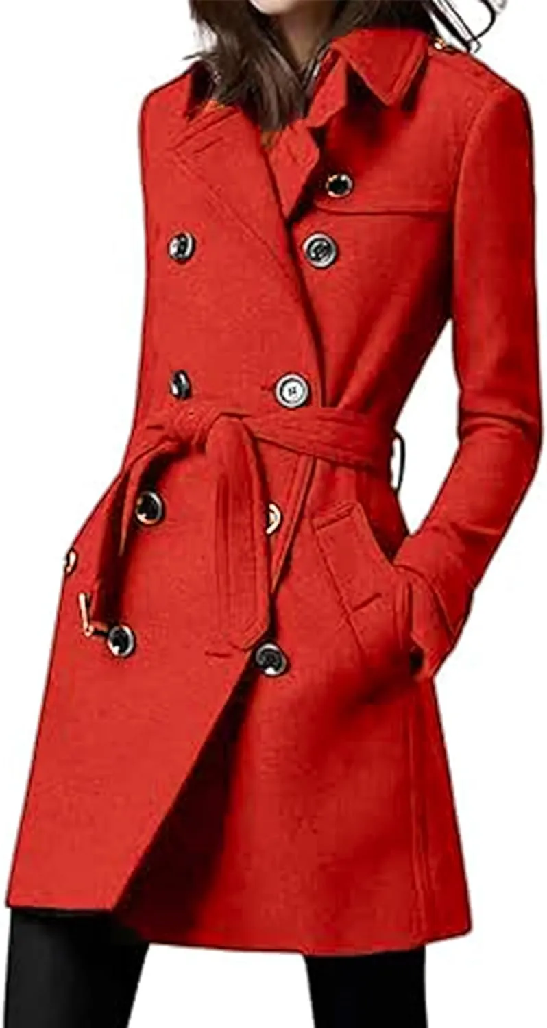 SOMTHRON Women's Winter Trench Coat Double Breasted Notch Lapel Belted Mid Long Jacket Slim Fit Peacoat Overcoat
