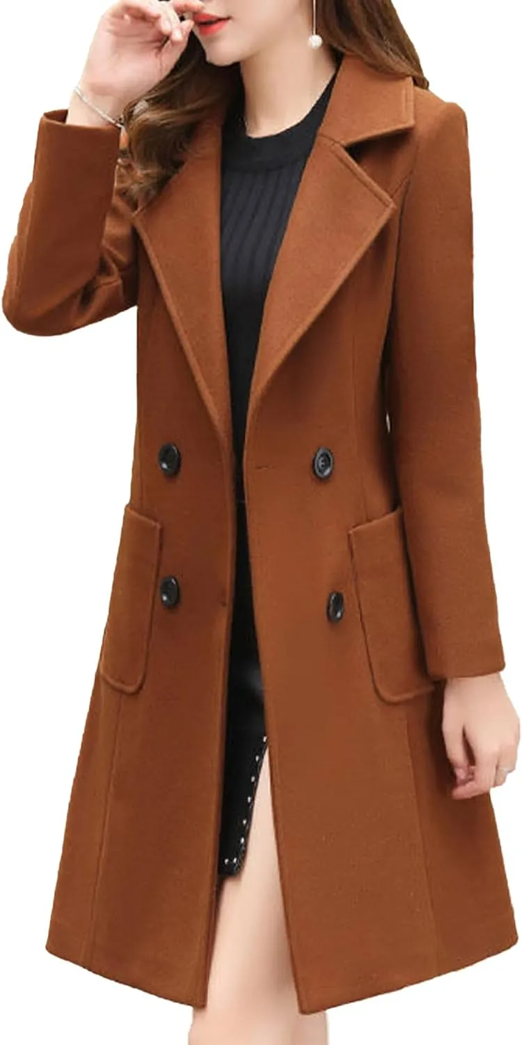 SOMTHRON Women's Winter Wool Blend Mid Long Pea Coat Double Breasted Notched Lapel Overcoat Jacket Outwear