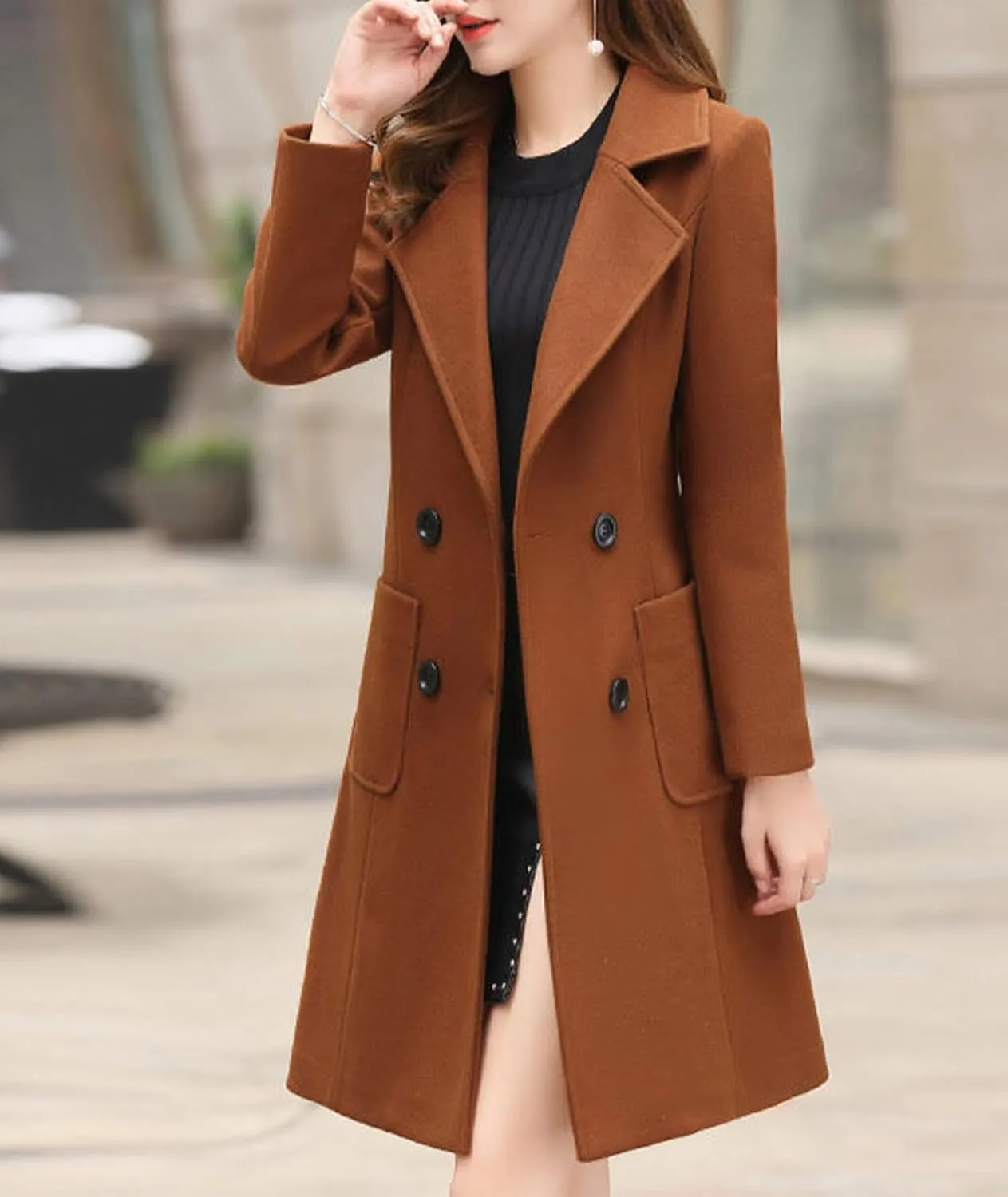 SOMTHRON Women's Winter Wool Blend Mid Long Pea Coat Double Breasted Notched Lapel Overcoat Jacket Outwear