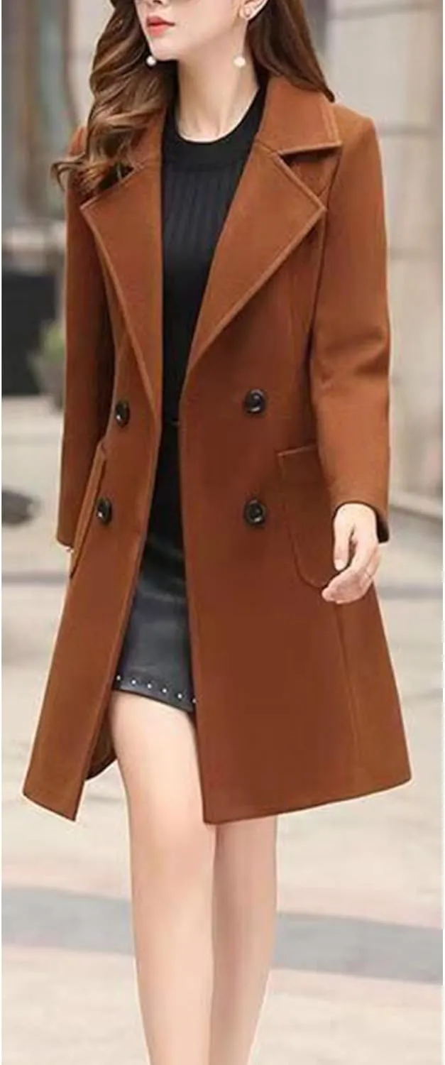 SOMTHRON Women's Winter Wool Blend Mid Long Pea Coat Double Breasted Notched Lapel Overcoat Jacket Outwear