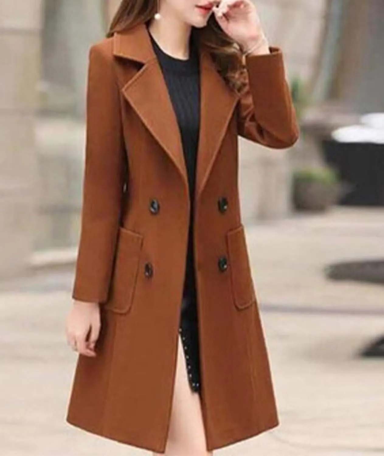 SOMTHRON Women's Winter Wool Blend Mid Long Pea Coat Double Breasted Notched Lapel Overcoat Jacket Outwear