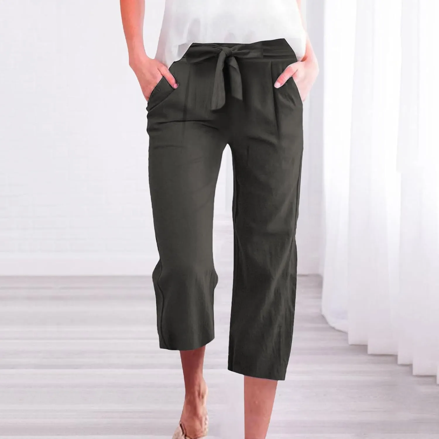 Summer Cotton Linen Capri Pants for Women Straight Wide Leg Cropped Trousers with Drawstring Waist Causal Summer Pant
