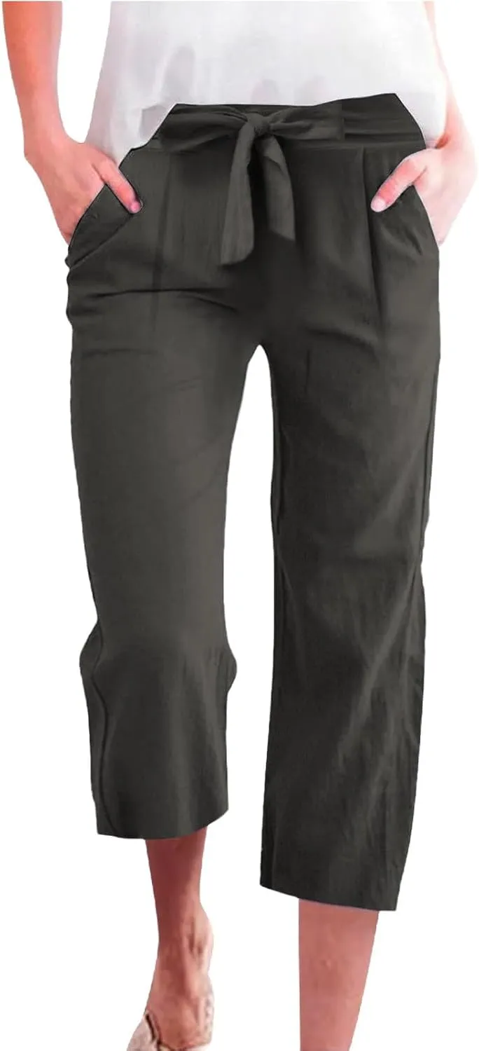 Summer Cotton Linen Capri Pants for Women Straight Wide Leg Cropped Trousers with Drawstring Waist Causal Summer Pant