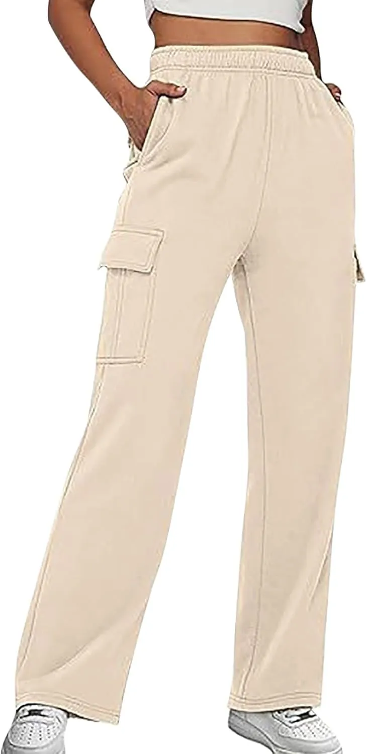 Sweatpants for Women Wide Leg Solid Casual Pants for Women Elastic Waist Cargo Pants for Women with Pockets Trousers
