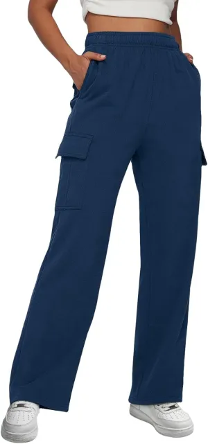 Sweatpants for Women Wide Leg Solid Casual Pants for Women Elastic Waist Cargo Pants for Women with Pockets Trousers