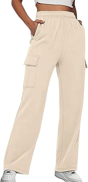 Sweatpants for Women Wide Leg Solid Casual Pants for Women Elastic Waist Cargo Pants for Women with Pockets Trousers