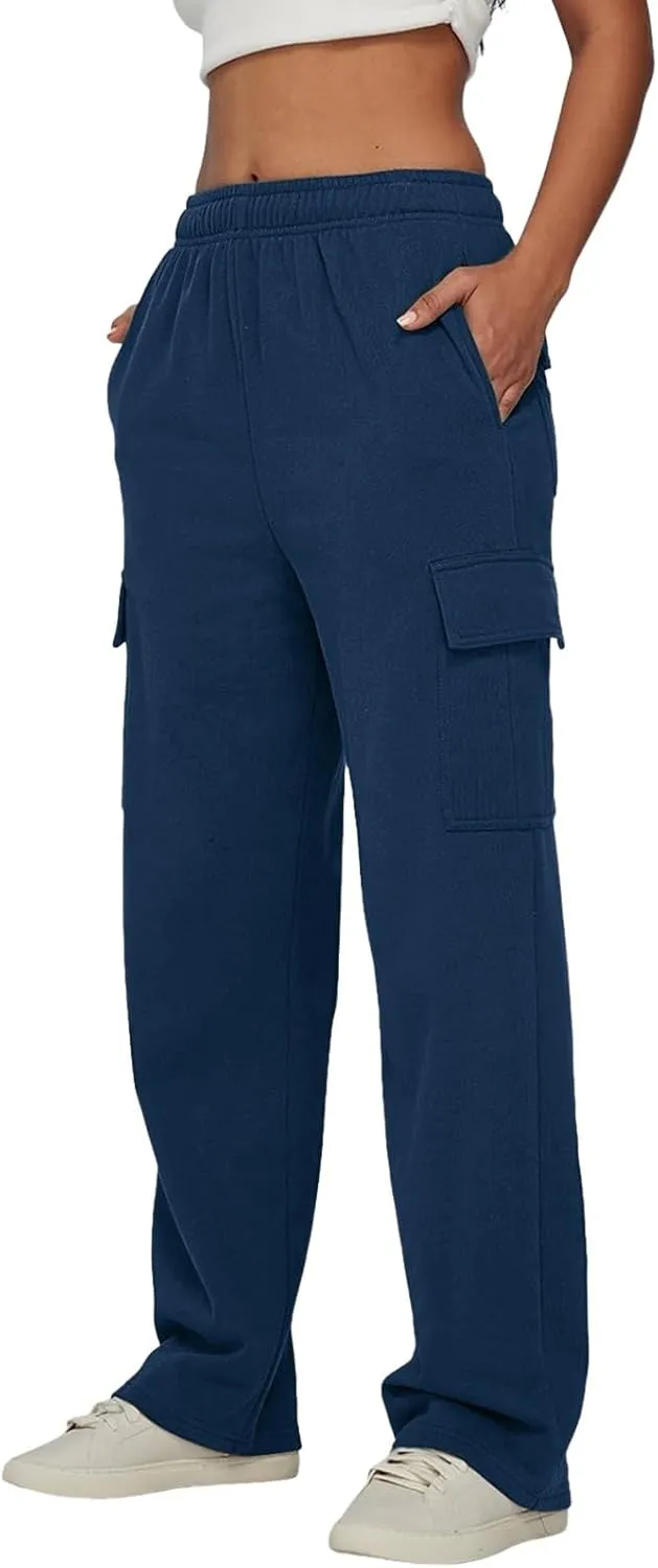 Sweatpants for Women Wide Leg Solid Casual Pants for Women Elastic Waist Cargo Pants for Women with Pockets Trousers