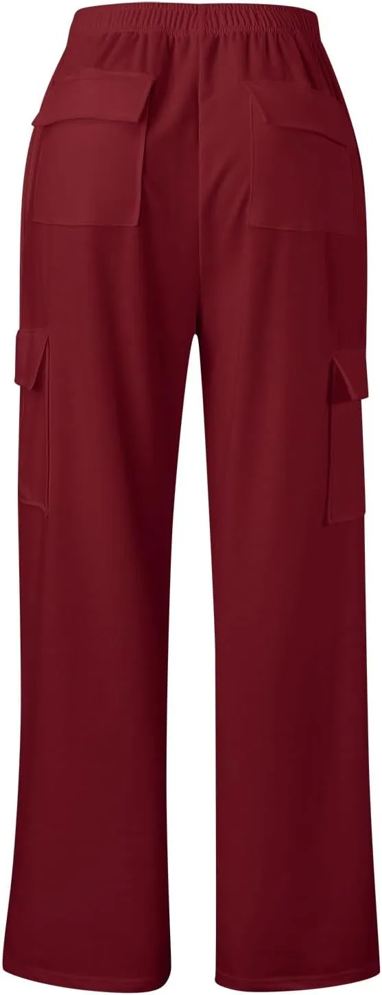Sweatpants for Women Wide Leg Solid Casual Pants for Women Elastic Waist Cargo Pants for Women with Pockets Trousers