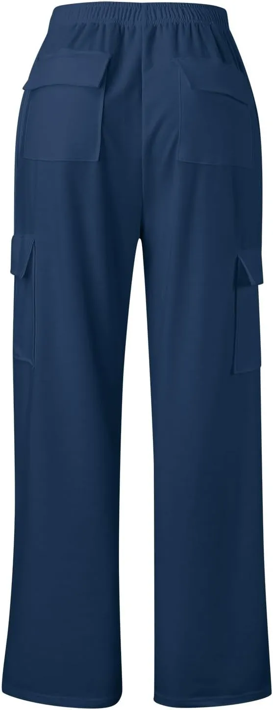 Sweatpants for Women Wide Leg Solid Casual Pants for Women Elastic Waist Cargo Pants for Women with Pockets Trousers