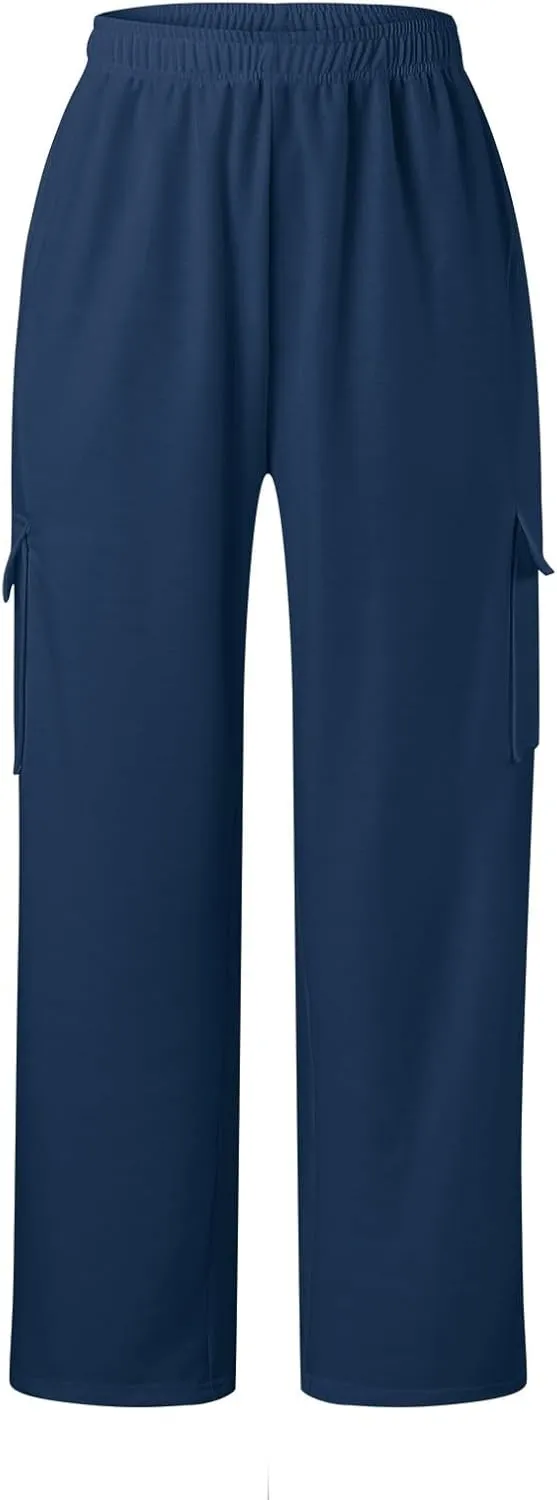 Sweatpants for Women Wide Leg Solid Casual Pants for Women Elastic Waist Cargo Pants for Women with Pockets Trousers