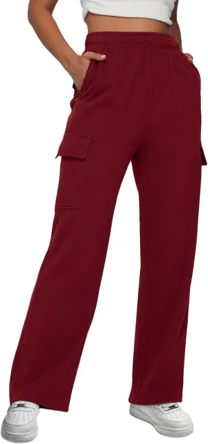 Sweatpants for Women Wide Leg Solid Casual Pants for Women Elastic Waist Cargo Pants for Women with Pockets Trousers