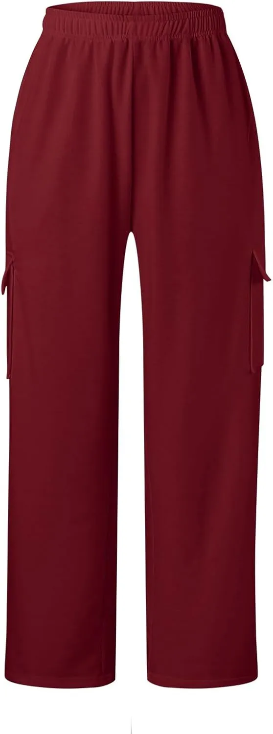 Sweatpants for Women Wide Leg Solid Casual Pants for Women Elastic Waist Cargo Pants for Women with Pockets Trousers