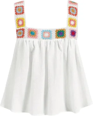 SweatyRocks Women's Crochet Embroidered Vintage Boho Ruffled Flowy Tank Top