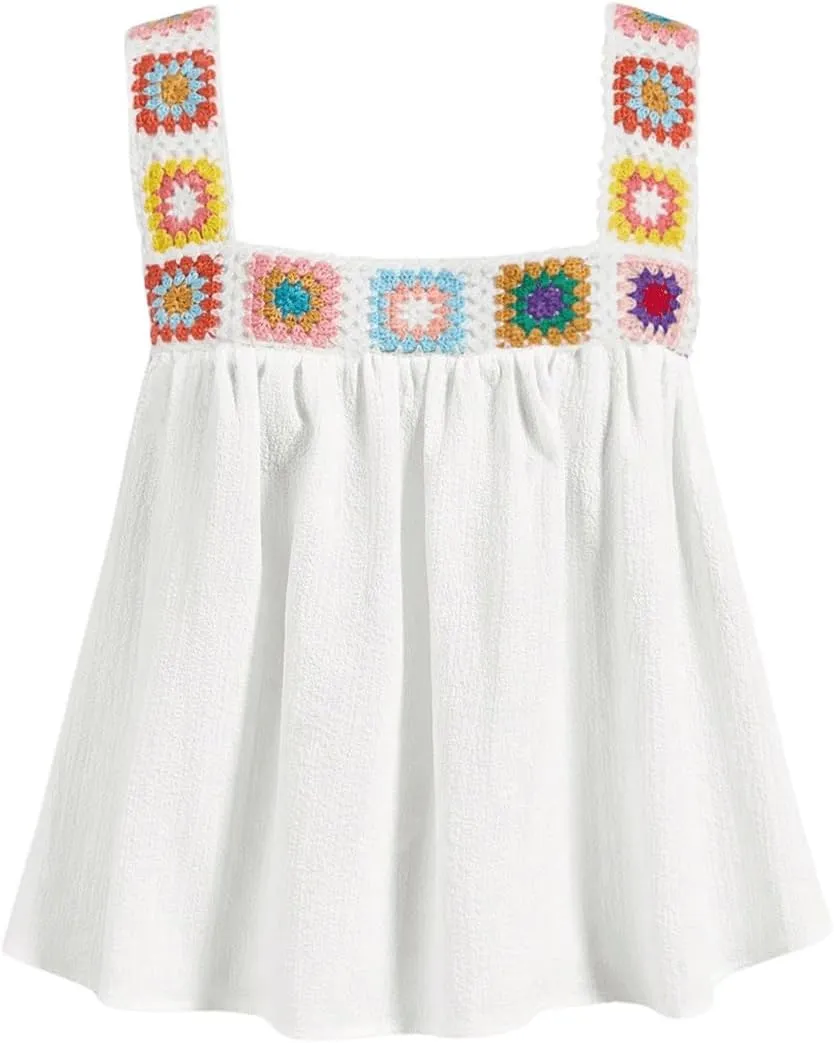 SweatyRocks Women's Crochet Embroidered Vintage Boho Ruffled Flowy Tank Top