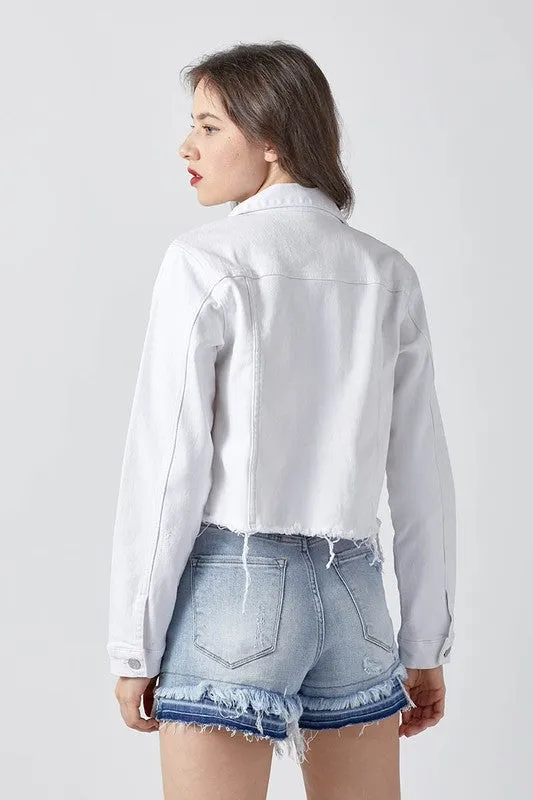 Take Me Back Frayed Hem Jean Jacket - White