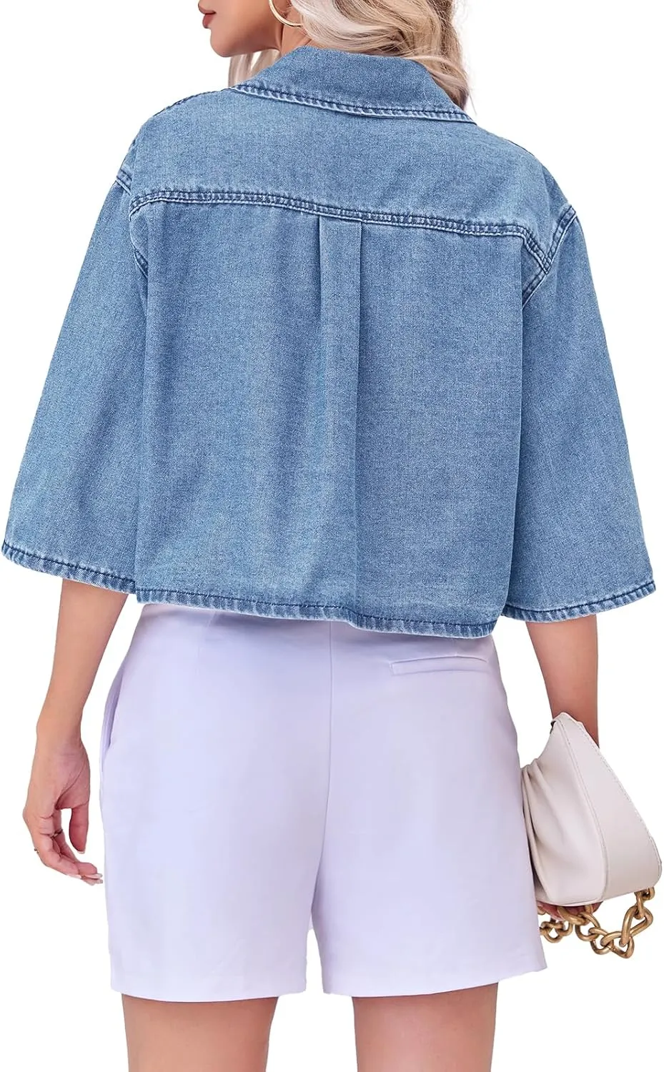 Tankaneo Womens Crop Denim Shirt Half Sleeve Button Down Short Jean Jacket with Pocket