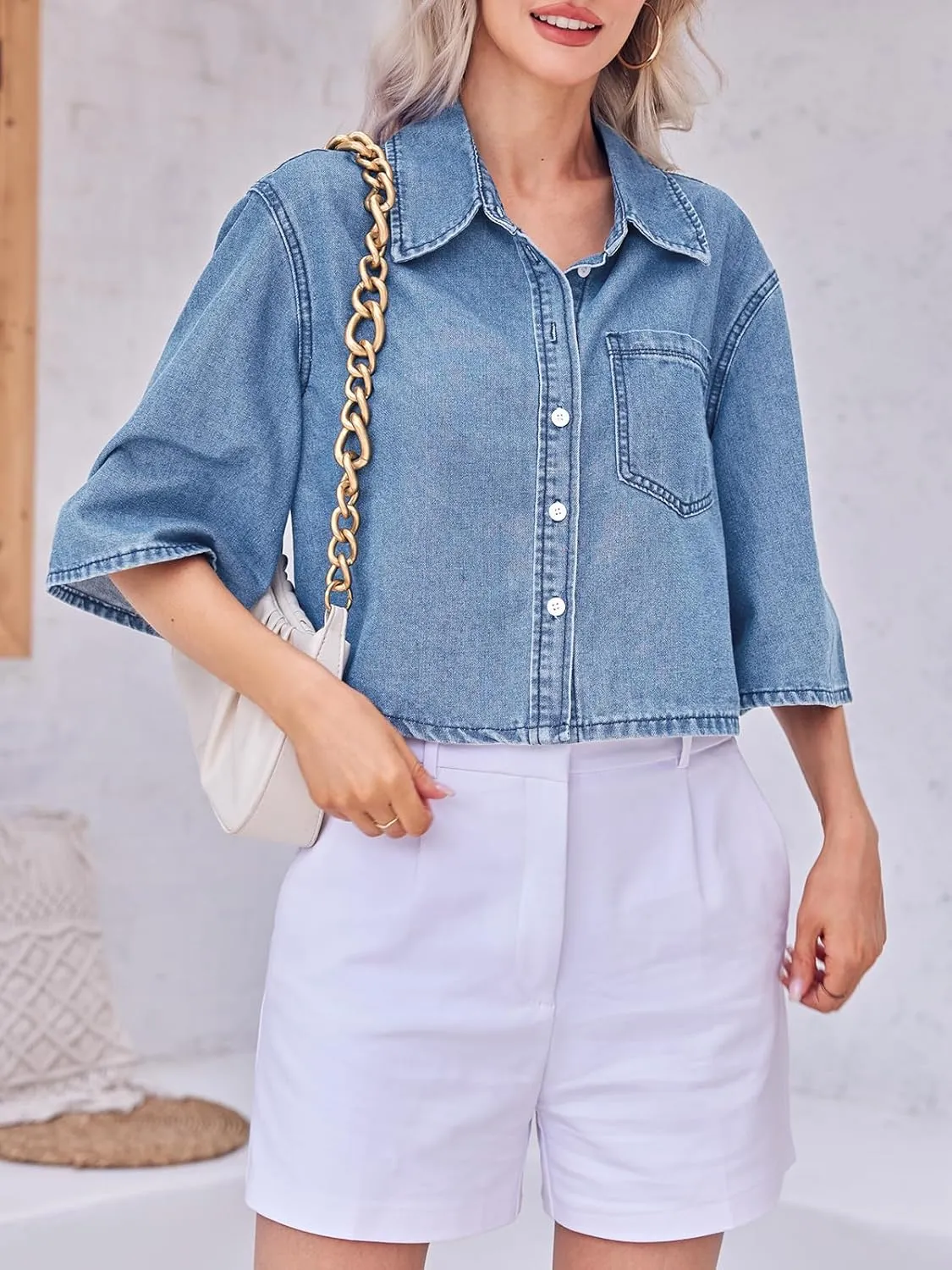 Tankaneo Womens Crop Denim Shirt Half Sleeve Button Down Short Jean Jacket with Pocket