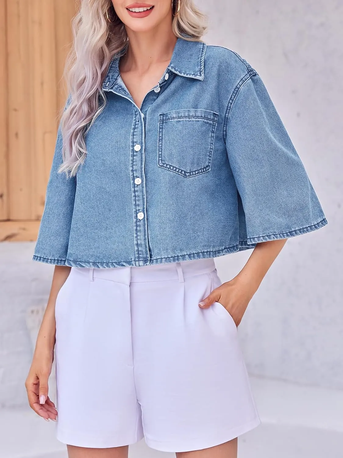 Tankaneo Womens Crop Denim Shirt Half Sleeve Button Down Short Jean Jacket with Pocket