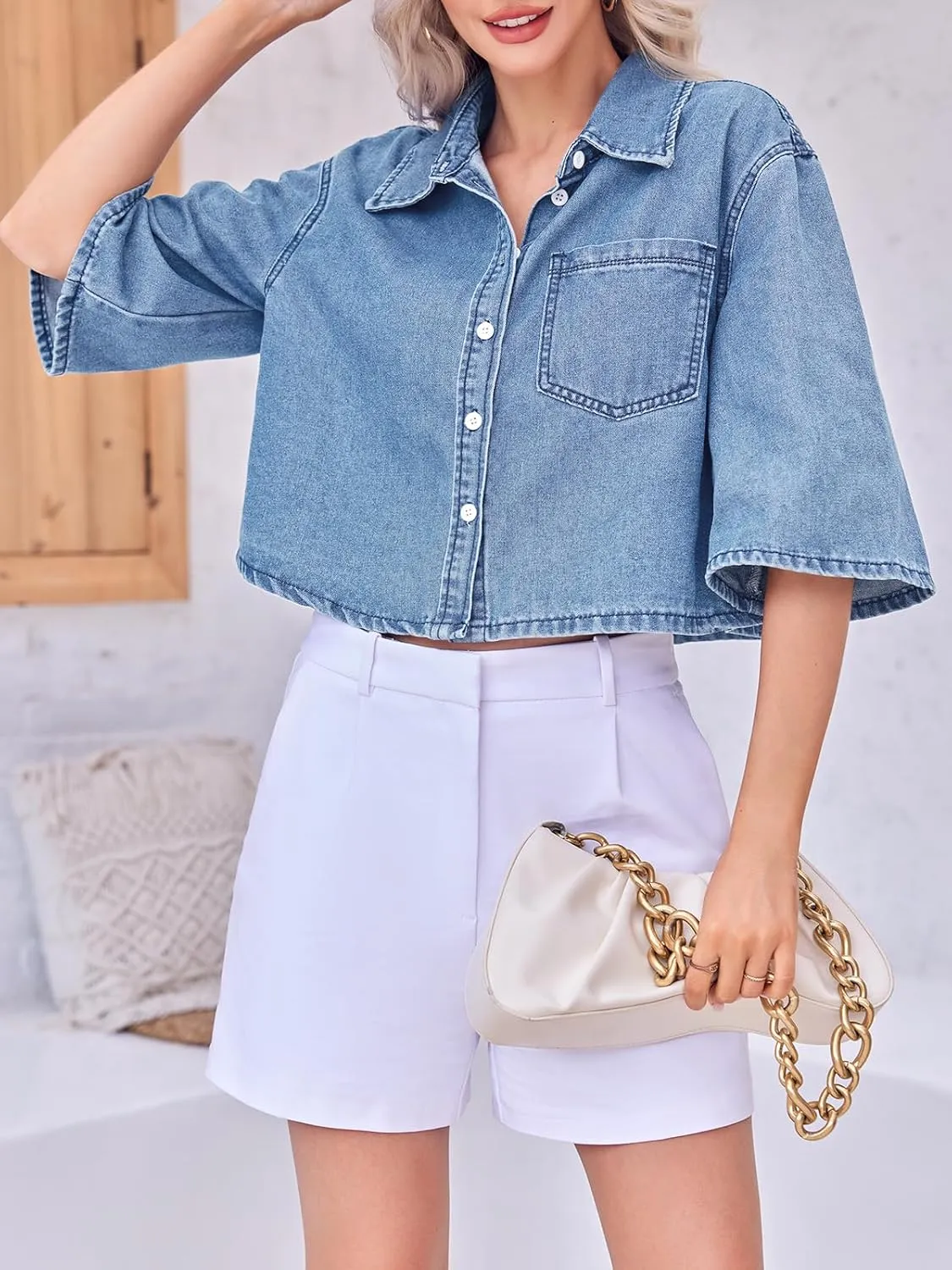 Tankaneo Womens Crop Denim Shirt Half Sleeve Button Down Short Jean Jacket with Pocket