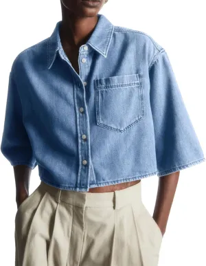 Tankaneo Womens Crop Denim Shirt Half Sleeve Button Down Short Jean Jacket with Pocket