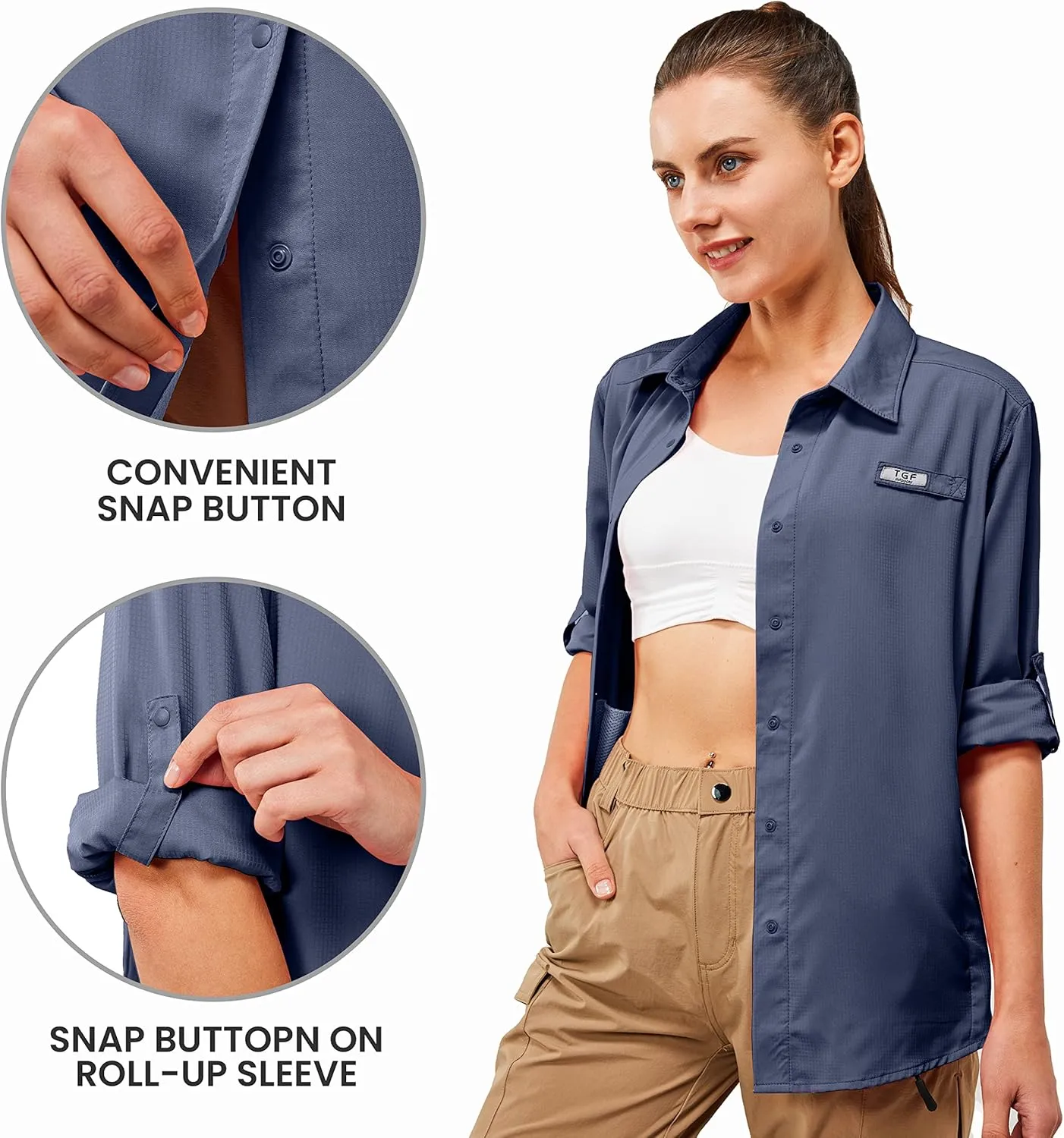 TGF Women's Sun Protection Fishing Shirts Long Sleeve Button Up Shirt with Zipper Pockets for Traveling Hiking Camping