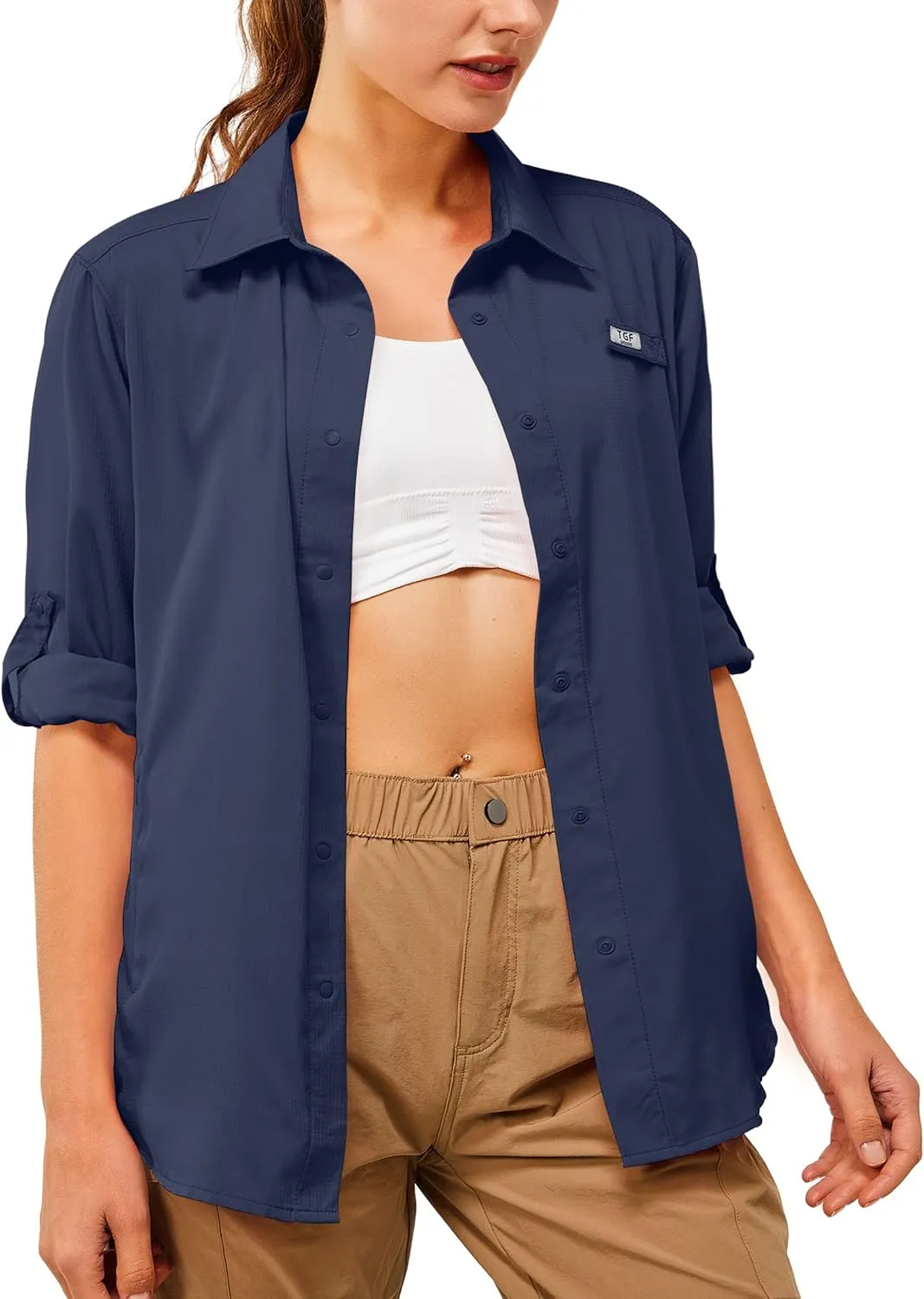 TGF Women's Sun Protection Fishing Shirts Long Sleeve Button Up Shirt with Zipper Pockets for Traveling Hiking Camping