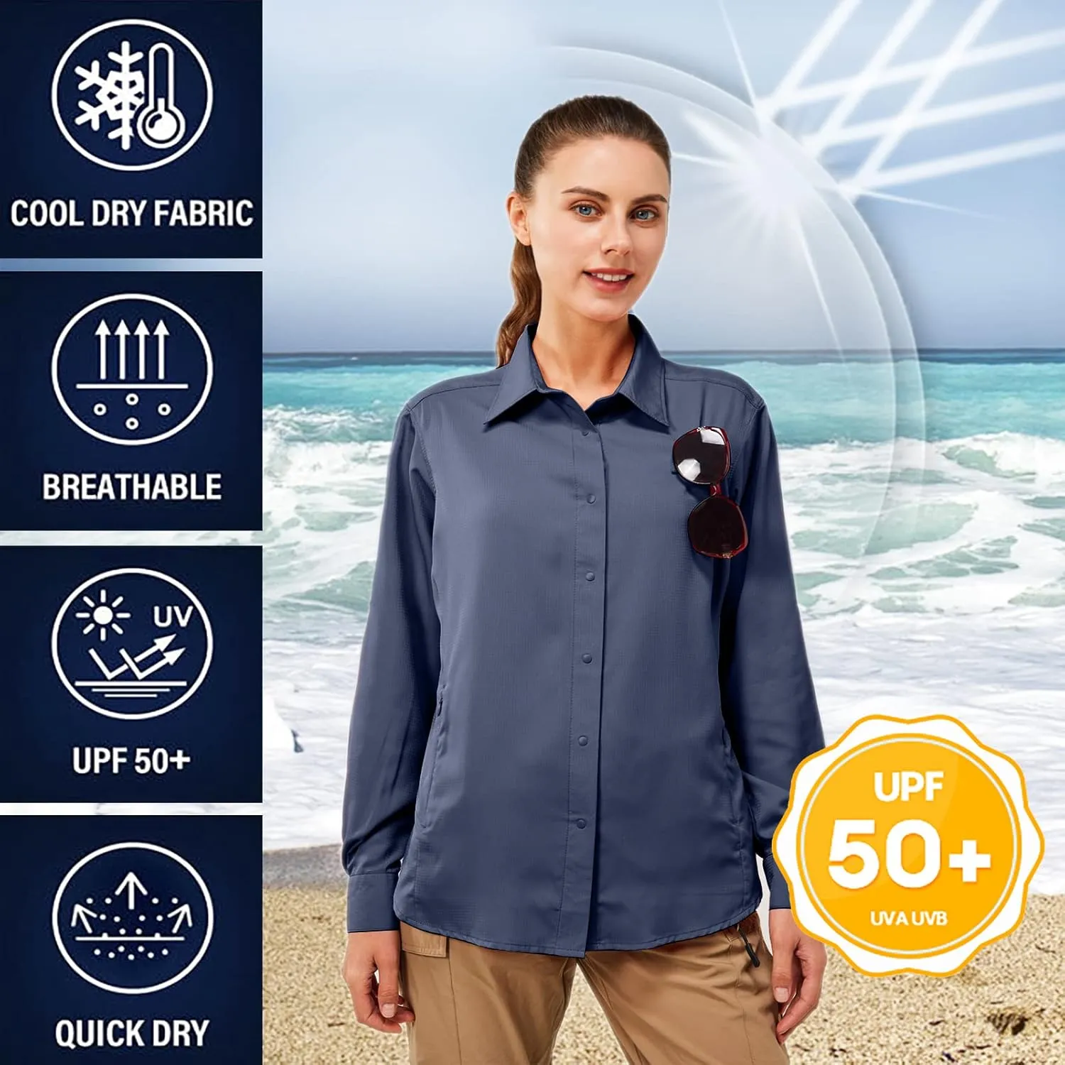 TGF Women's Sun Protection Fishing Shirts Long Sleeve Button Up Shirt with Zipper Pockets for Traveling Hiking Camping