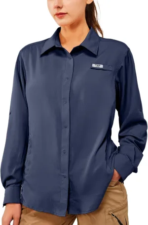 TGF Women's Sun Protection Fishing Shirts Long Sleeve Button Up Shirt with Zipper Pockets for Traveling Hiking Camping